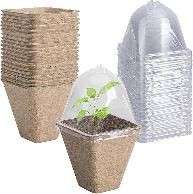 PURPLE STAR 1N 20 Pcs Square Biodegradable Plant Nursery Pots with Humidity Dome - 3.1 Inch Indoor Flower, Vegetable Plant Starter Pots