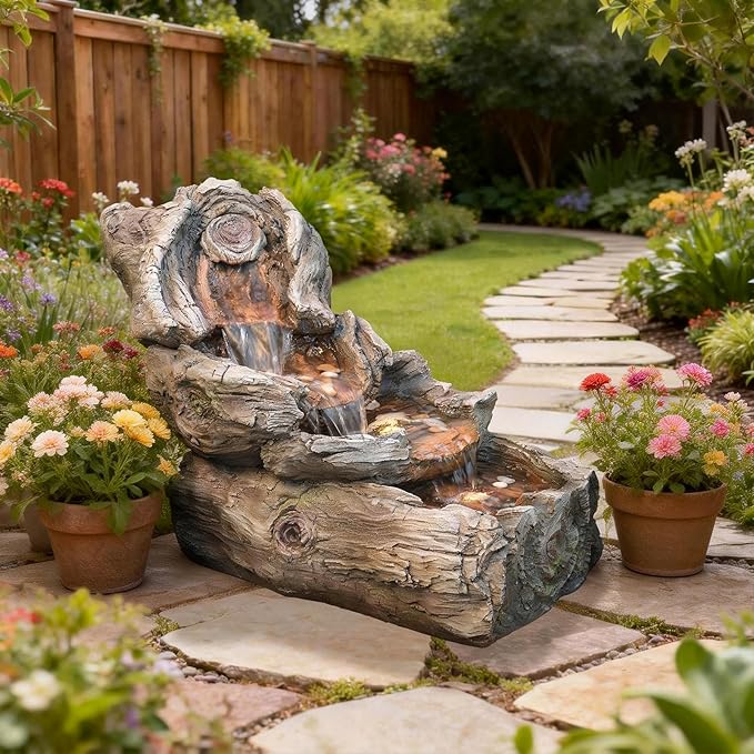 31.5" L Outdoor Water Fountain with 3 Tiers Cascading Realistic Tree Trunk Waterfall Fountains with LED Lights Outdoor Water Fountain for Garden Patio Backyard Porch Home Decor