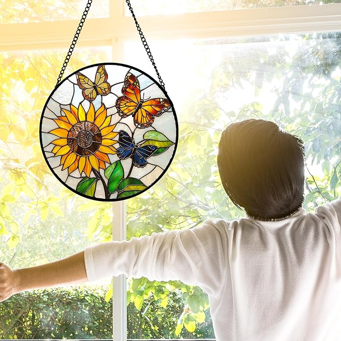 Stained Glass Window Hanging, Butterfly and Sunflowers Sun Catchers Glass Panel Plant Insects Suncatcher Decor for Birthday for Women, Men, Wife, Aunt, and Mom 9.8 in