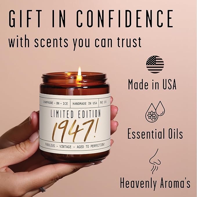 79th Birthday Gifts for Women - 'Limited Edition 1947' Soy Candle, w/Champagne on Ice I 79th Birthday Gift for Her Ideas I 9oz Reusable Jar, 50Hr Burn, Made in USA