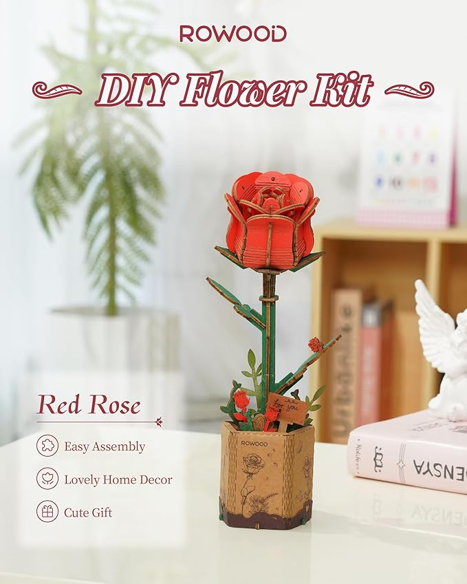 rowood 3D Puzzle Wooden Flower,DIY Artifical Flower Building Toy Set Craft Kit for Women,Mother's Day/Valentine's Day/Teacher's Day/Thanksgiving/Christmas/Birthday Choice-Red Rose