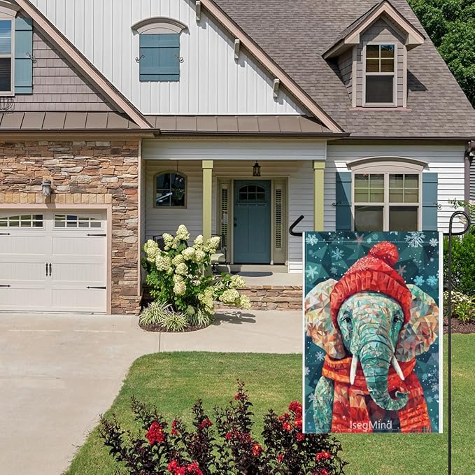 Elephant with Red Scarf and Hat Snowflake Christmas Garden Flag, 28x40 Inch Double Sided Linen Holiday Red Winter Farmhouse Yard Outdoor Decoration (4325)