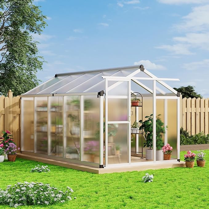 6x10 FT Greenhouse - Large Aluminum Greenhouses for Outdoors, Heavy Duty Polycarbonate Greenhouse with Roof Vent&Ground Nails, Walk-in Green Houses for Garden, Backyard, Patio, Easy Assembly