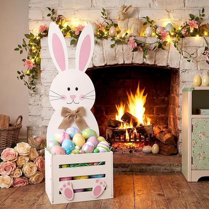 Easter Wooden Bunny Planter Box Flower Pot Rabbit Basket Easter Bunny Porch Decor for Spring Front Door Outdoor Indoor Patio Lawn Garden Backyard 31.5''h