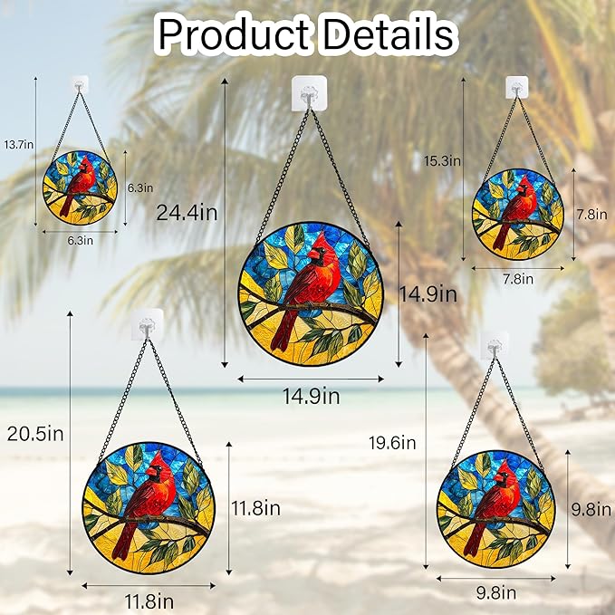 DASTOLL Stained Glass Window Hanging, Blue Sky Cardinal Sun Catchers Colorful Glass Panel Red Birds Suncatcher Decor for Birthday for Women, Men, Wife, Aunt, and Mom 14.9x14.9 in