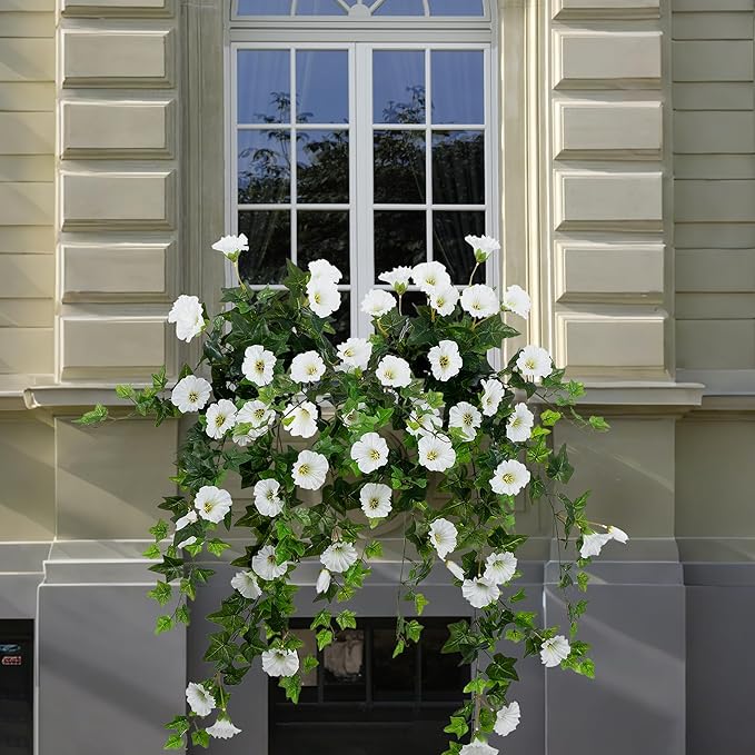 Ttranewsoo Artificial Flowers Faux Outdoor Plants Artificial Petunias for Outdoors Uv Resistant Fake Petunias Plants Hanging Flower Patio Decor Outside Basket Realistic Silk Plant No Pot(White 2pcs)