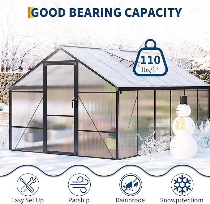 8 x 12 ft Greenhouse, Greenhouses for Outside, Polycarbonate Greenhouse with Aluminum Frame, Lockable Door and Ajustable Roof Vent for Backyard, Green Houses for Outside Garden Backyard, Patio