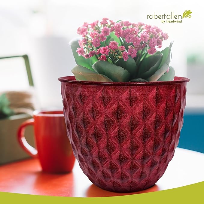 Headwind Glazed Ironstone Diamonte Collection – Crimson Red 10-Inch Decorative Plant Pot, Indoor & Outdoor, Vintage Diamond-Textured, Lightweight & Weather-Resistant for Garden Use by Robert Allen