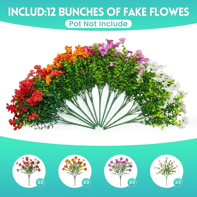 Hrobek Fake Artificial Flowers for Outdoors Faux Plants Outside Indoor,UV Resistant Realistic Silk Daisy for Home Patio Garden Back Yard Front Poch Decor Spring Summer(12 Bunches,4 Multi Colors)