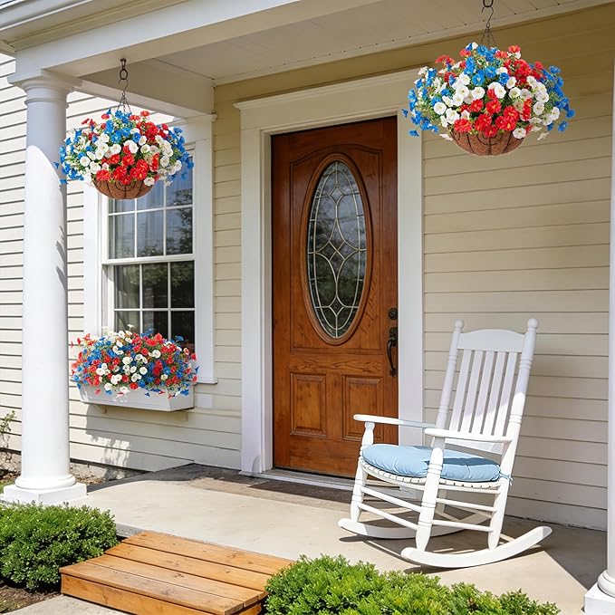 Ammyoo Artificial Fake Hanging Flowers with Basket for Outdoors, Faux Petunias Flowers Fake Hanging Plants with Eucalyptus Realistic UV Resistant for Outside Patio Garden Porch Balcony Yard Decor
