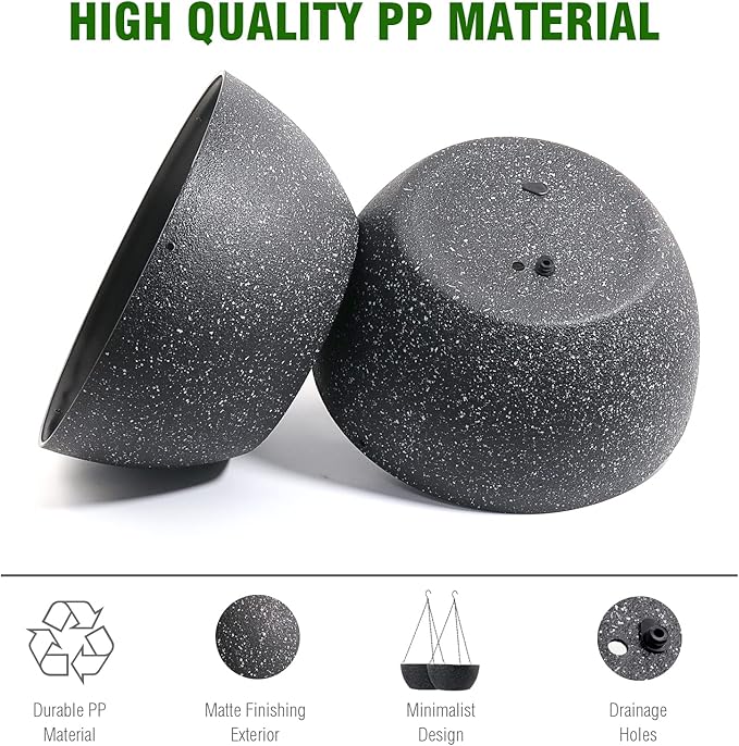 WSMKSZ 13 inch Large Hanging Planters Plant Pots for Outdoor Indoor Plants with Drainage Holes and Chain, 2 Pack Round Hanging Flower Pots for Garden Home Porch Decor, Speckled Black