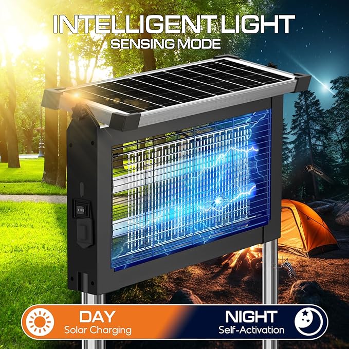 Solar Bug Zapper Outdoor Waterproof, 4500V High Power Cordless Mosquito Zapper with Smart Light Sensor, Dual Solar & USB Rechargeable Insect Killer for Patio, Garden, Backyard, Indoor & Outdoor Use
