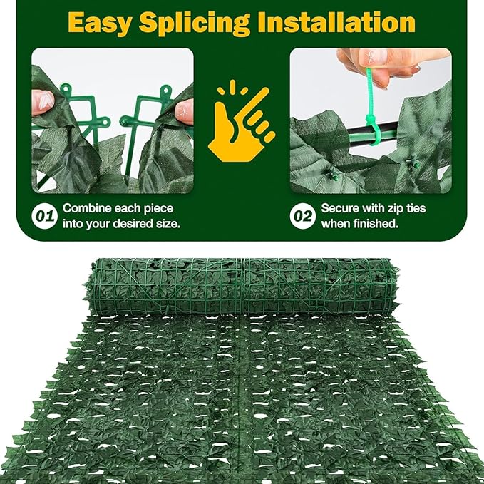 QIAOKAIYAN Artificial Ivy Privacy Fence Screen - 120''(L) x 60''(W) Greenery Wall Panels for Outdoor Fence, Balcony, Patio or Garden Decor, Dense Green Backdrop Panel, Faux Grass Panels with Zip Ties