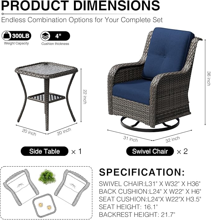 Joyside 3 Piece Wicker Patio Furniture Set, Outdoor Swivel Rocker Patio Chairs with High Back, Deep Seating, Wide Armrest, Thickened Cushions, Outdoor Furniture for Deck, Porch Use