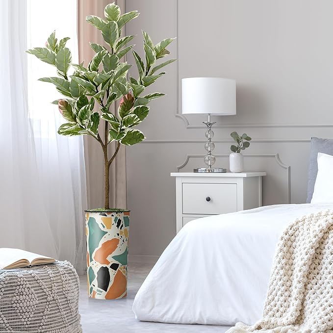 Artificial Tree in Modern Geometric Pattern Planter, Fake Rubber Silk TRE for Indoor and Outdoor Home Decoration - 70" Overall Tall (Plant Pot Plus Tree)