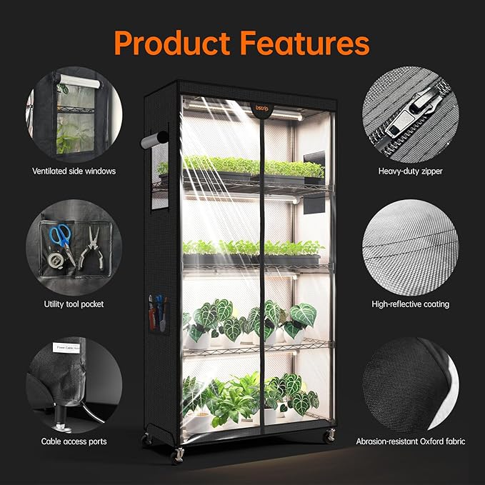 Bstrip Indoor Greenhouse with Grow Light, Plant Stand with 4 Pack 24W Full Spectrum Plant Lights, Plant Shelf with Tent for Indoor Plant, Seed Starting, Seed Tray, 29.5"x13.8"x59"