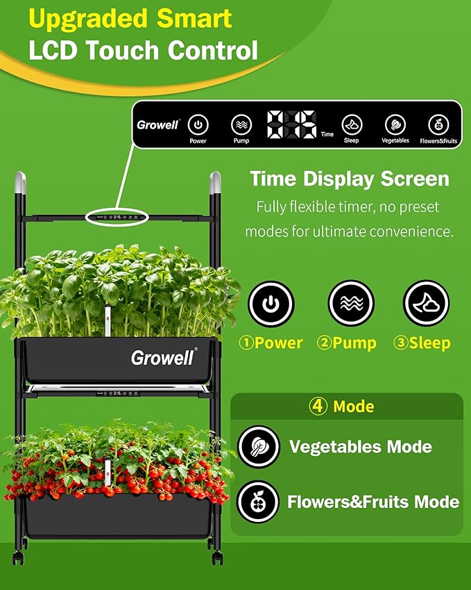 Large Hydroponics Growing System Kit, Vertical Indoor Herb Garden Kit with LED Grow Light & Independent Water Pump, 28L Movable Indoor Planter Perfect Gardening Gifts (2 Tier-54 Pods Black)