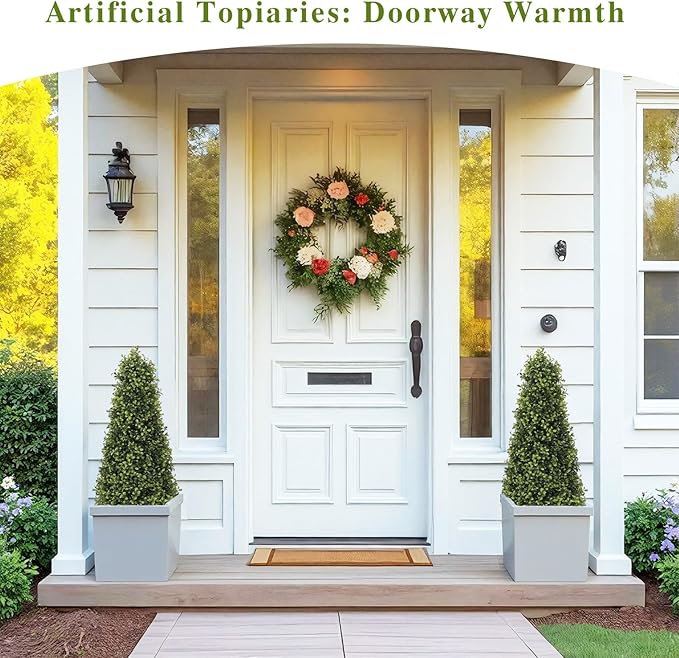 Azoco 3ft Artificial Boxwood Topiary Trees (Set of 2) - UV Resistant Faux Plants Outdoor, Realistic 36in Fake Cone Bushes and Shrubs for Front Porch, Planter, Patio - Low Maintenance & Evergreen