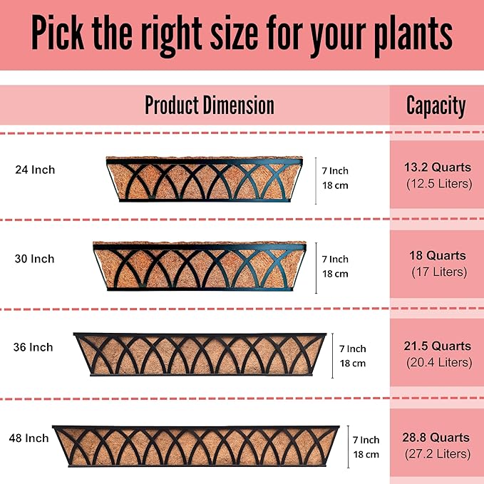 LaLaGreen Wall Planters (4 Pack, 24 Inch) Large Fence Planters for Outdoor Plants with Coco Liner Metal Deck Railing Flower Basket Window Box Attach House Outside Horse Trough Porch Balcony Garden