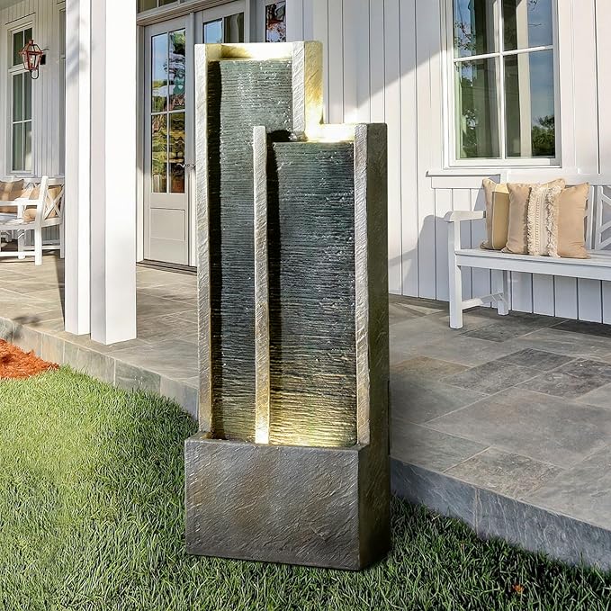 Modern Tiered Waterfall Fountain with Lights – Indoor Rectangular Water Feature - 35.4"H Waterfall Fountains for Deck, Patio, Porch, Garden, Yard Decor Standing Indoor Outdoor Water Fountains