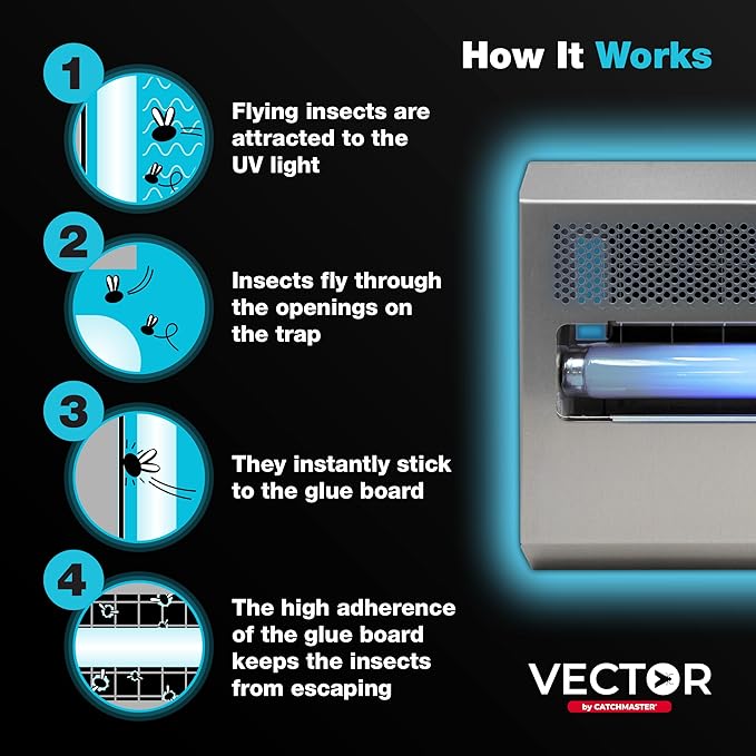 Catchmaster Vector 15 Silver, UV Light Fly Traps Indoor for Home, Gnat Traps for House Indoor, Electric UV Lamp Insect & Mosquito Killer, Silent Bug Light for Kitchen, Shed, Garage