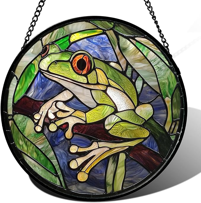 Stained Glass Window Hanging, Teal Frog Sun Catcher for Door Home Decor Green Suncatcher Christmas Mother's Day Birthday Gifts for Women Men Mom and Nana 15 in