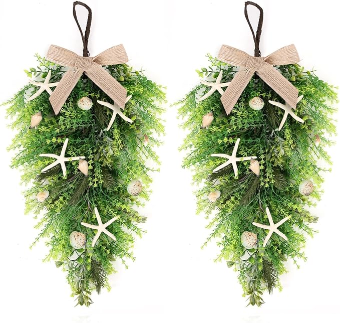 2 Pcs 24"Seashell Starfish Teardrop Swag Wreath with Green Leaves for Front Door Wedding Rustic Farmhouse Costal Starfish Conch Shells Wreath for Indoor Outdoor Spring Summer All Seasons Home Decor ﻿