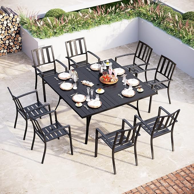 Sophia & William Patio Table and Chairs Set, Outdoor Dining Set for 8, 9 Piece Metal Patio Furniture, 60" Black Square Table(Stripe)