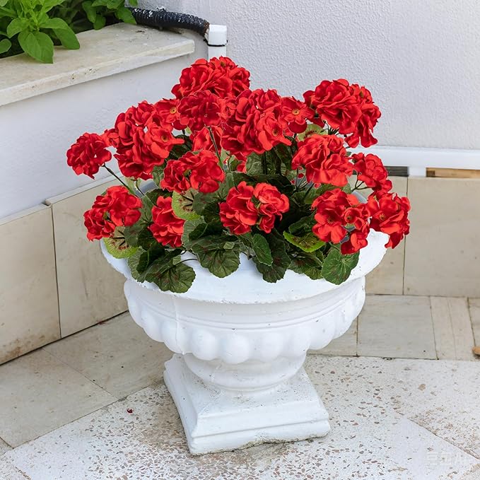 Uqueeten 4pcs Fake Flower Artificial Geranium,Artificial Flowers for Outdoors ，Geraniums Artificial Flowers Realistic,Artificial Geraniums for Outdoors Fake Plant Decoration(Red) 14.4"