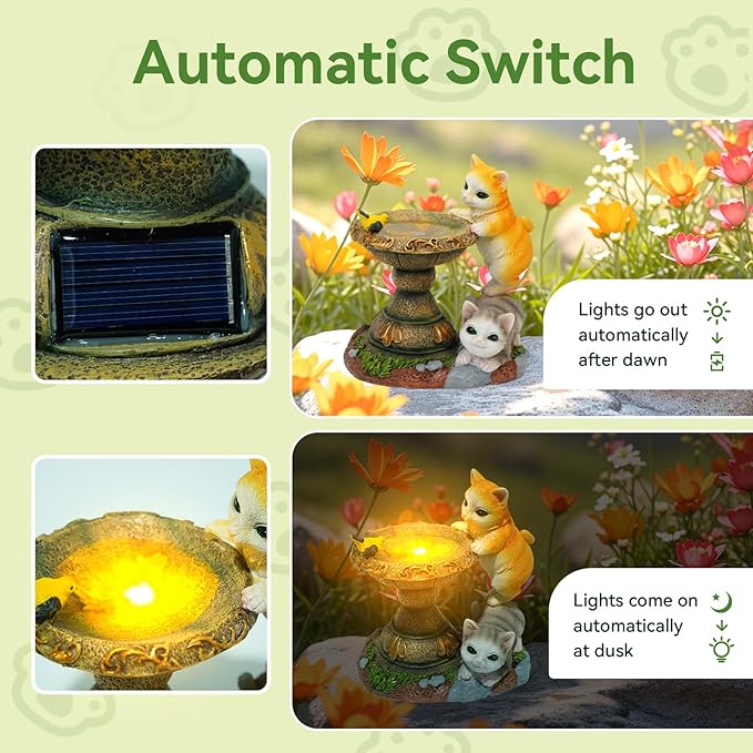 ArtCredit Solar Two Kittens Garden Statues with LED Lights, Outdoor Decor for Patio Yard Balcony - Unique Housewarming Birthday Gifts for Women Mom Grandma
