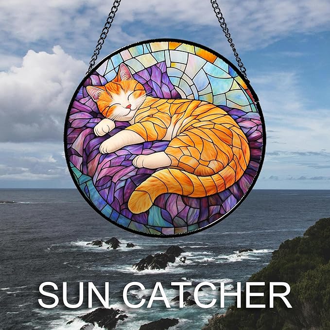 Stained Glass Window Hanging Sleeping Orange Cat 7.8" - Memorial Gift Suncatcher Door Sun Catcher Decor Birthday Christmas for Lost Pets Mom Men Woman Friend