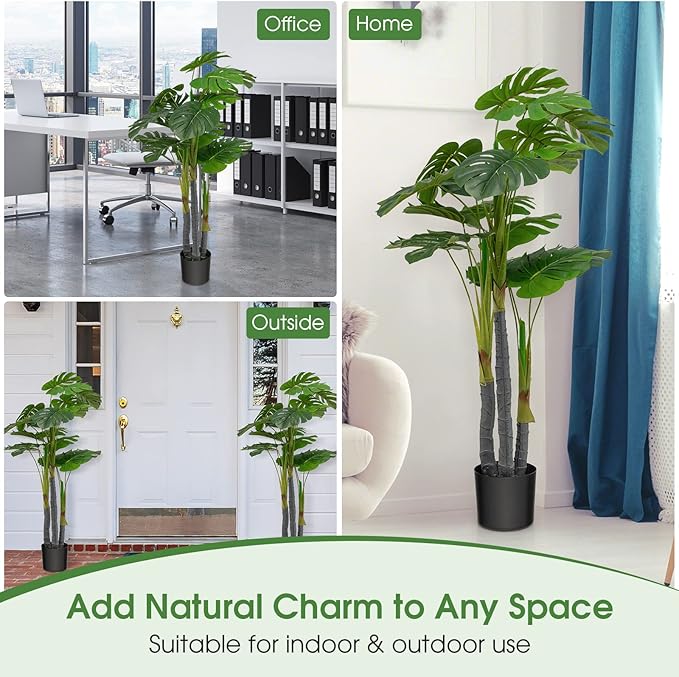 GOFLAME 4ft Artificial Monstera Deliciosa Plant, Faux Tree in Pot with 20 Large Leaves, 3 Trunks & Realistic Moss, Swiss Cheese Plant, Tropical Monstera Palm Tree for Home Office Garden Decor