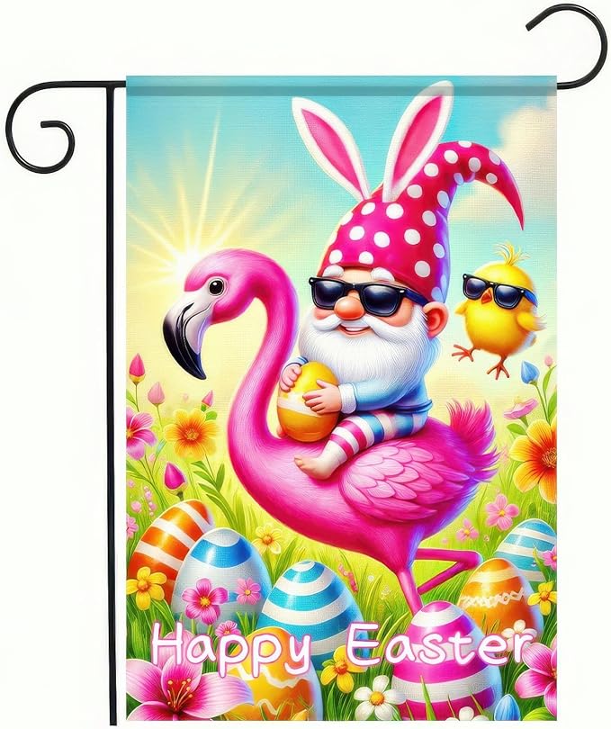 Happy Easter Garden Flag 12x18 Inch Double Sided Gnome Flamingo Bunny with Easter Egg Design Small Outdoor Yard Flag Spring Easter Welcome Banner for Porch Lawn Patio Garden Decor