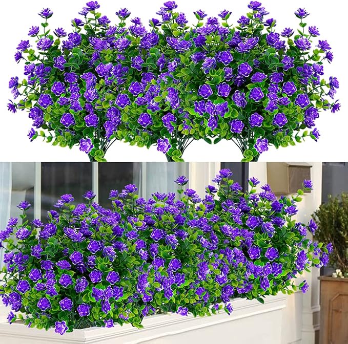 ArtBloom 6 Bundles Outdoor Artificial Flowers UV Resistant Fake Boxwood Plants, Faux Plastic Greenery for Indoor Outside Hanging Plants Garden Porch Window Box Home Wedding Farmhouse Decor (Purple)