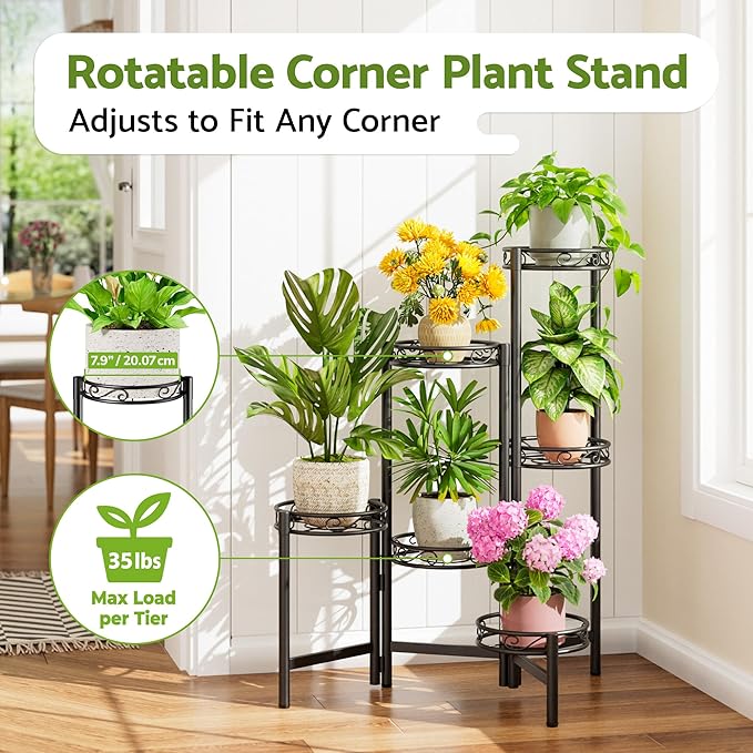 NQW Plant Stand Indoor Outdoor, 6 Tier Metal Flower Shelf for Multiple Plants Corner Tall Floding Flower Holders for Patio Garden Living Room Balcony Bedroom - BlackCircle
