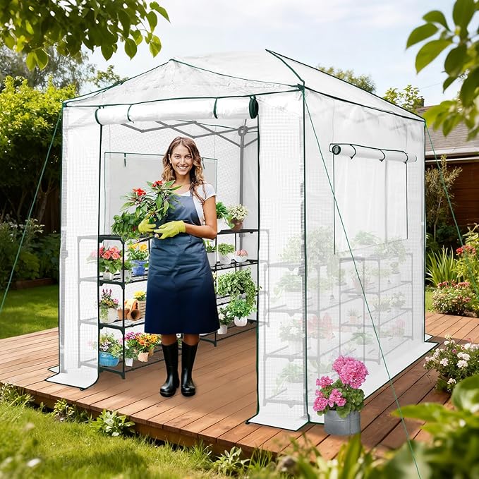 EAGLE PEAK Instant Pop-up Greenhouse, Indoor Outdoor Plant Gardening Green House, Roll-Up Zipper Doors and Side Windows, Walk in 8x6 ft, White/Clear