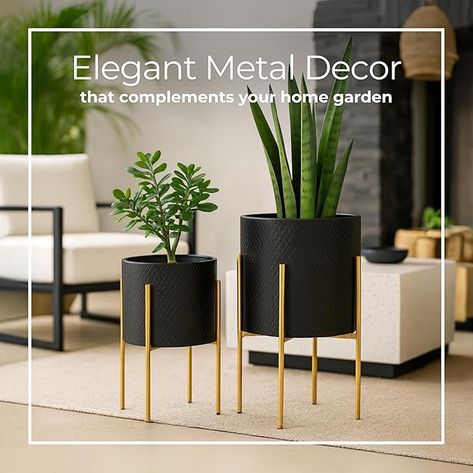 Decorative Flower Pots with Metal Stand for Home Decor - Modern Planters for Hallway, Entryway, and Living Room Decor - Indoor and Outdoor Pots for Plants - Set of 2, 23", 19", Black & Gold