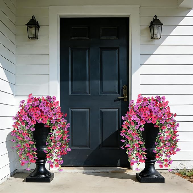 AmberFun Artificial Hanging Flowers for Outdoors,No Fade 2 Bundles Fake Silk Flowers for Outside, Realistic Faux Plants Decorations for Hanging Baskets, Planters-Porch, Patio, Yard Decor