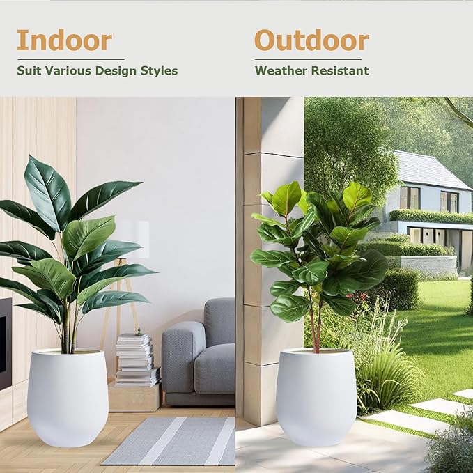 KUTE NEST 16.5" H x 15" D Corso Fiberstone Round Tapered Planter with Drainage Hole, Smooth Finishes, Weather Resistant for Indoor & Outdoor Use, Included 2 Extra Coco Mats (White, 11.5" Pot Opening)