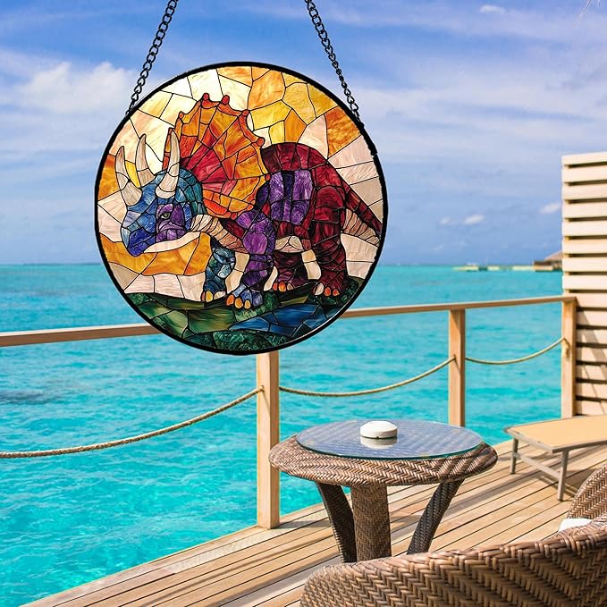 Stained Glass Window Hanging - Triceratops Abstract Dinosaur Suncatcher for Door Terrace Garden Home Decor, Orange Red Sun Catcher Birthday Gifts for Lovers Women Men Dad Mom Nana 15 in