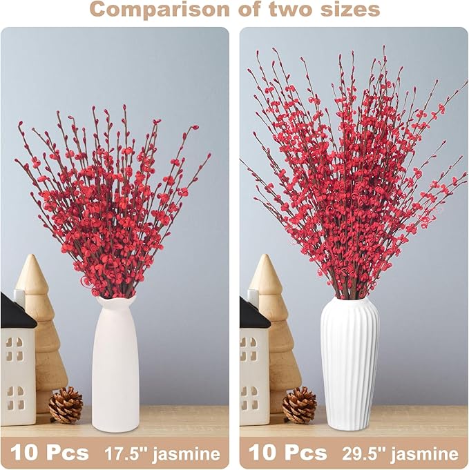10Pcs 17.5'' Red Flowers Artificial Jasmine Flowers Faux Patriotic DIY Floral Art Red Berries Stem for Valentine's Day Table Centerpieces Vases Home Wedding Bouquets Party Decorations