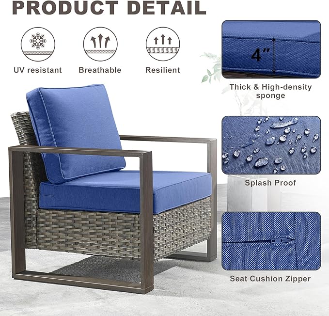 3 Piece Wicker Patio Furniture Set,Patio Bistro Set with 2 Rattan Armrest Chairs and 1 Side Table,Sturdy Frame,All-Weather PE Wicker,Wide Armrest,Deep Seating and Thick Cushions(Mixed Grey/Blue)