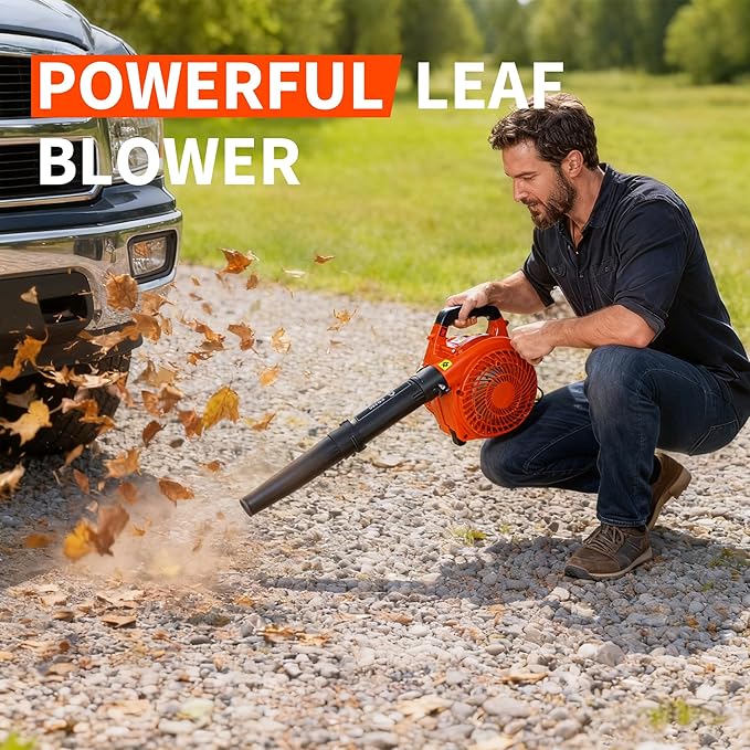 28 CC Gas Leaf Blower, 490 CFM 280 MPH, 1.1-HP 2-Stroke, Handheld Gas Powered Leaf Blower, Lightweight, Powerful Clearing Performance for Lawn Care, Driveway Cleaning and Light Snow Removal