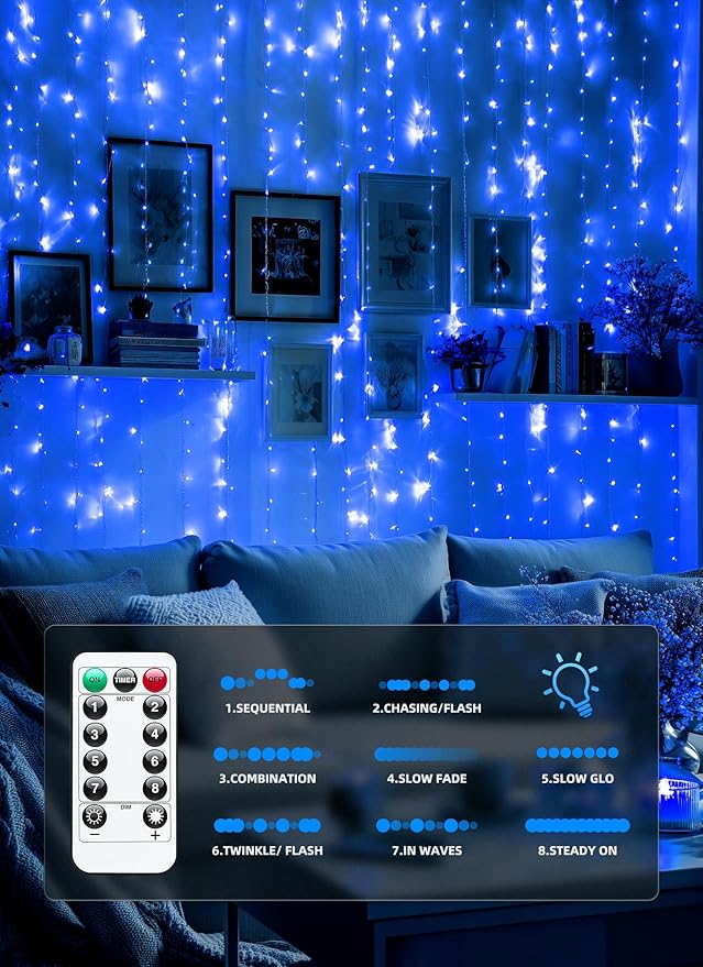 Brightown 300 LED Blue Fairy Curtain Lights, 9.8ft x 9.8ft String Lights, USB Plug in 8 Lighting Modes Christmas String Hanging Lights with Remote for Bedroom Indoor Outdoor Party Xmas Blue 1 Pack