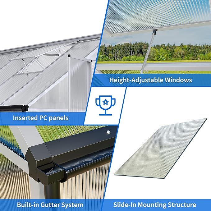 WKM Greenhouse for Outdoors - 8x14 FT, Quick-fit Structure with Window for Ventilation, Polycarbonate Aluminum Frame, Silver