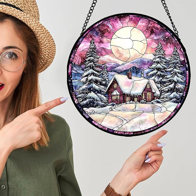 AMDERVEN Stained Glass Window Hanging - Winter Snow Scene Cabin Moon Sun Catcher for Door Garden Home Decor Pine Tree Suncatcher Christmas Mother's Day Birthday Gifts for Women Men Mom Nana 15 in