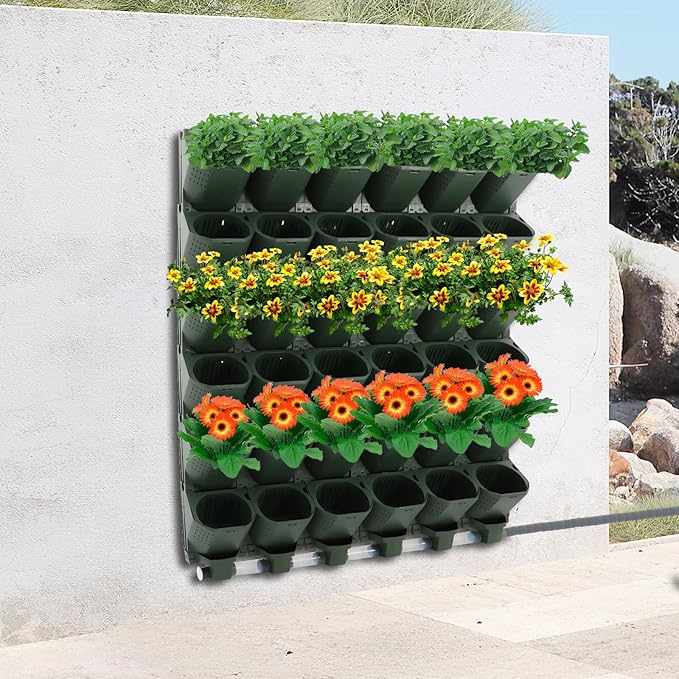 Wall Mounted Vertical Garden Planter, 6 Row 36 Planters Self Watering Garden Growing System with Timer, Indoor Outdoor Flower Pot Holder for Herbs Vegetables Fruits (Dark Green)