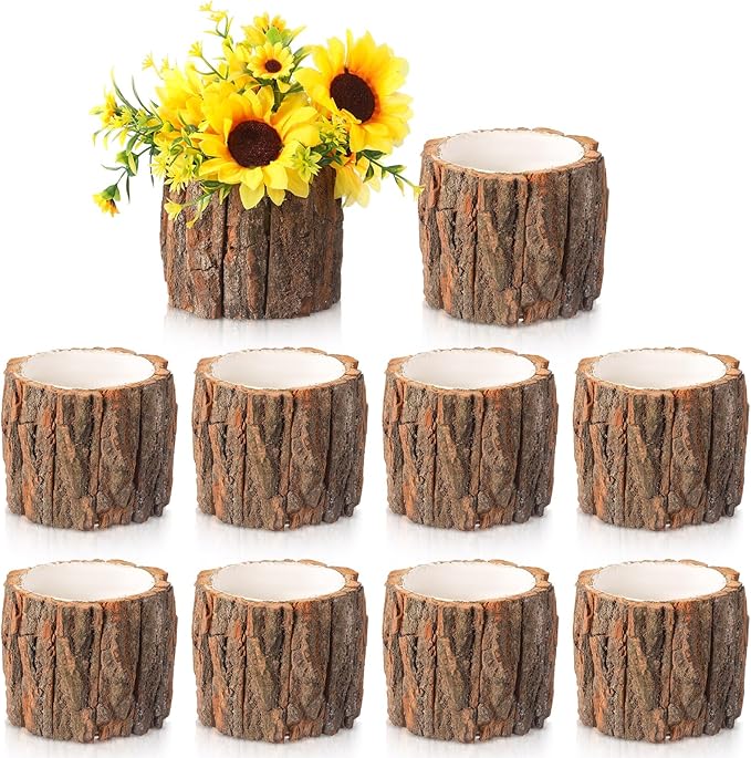 9 Pcs Wooden Vase for Centerpieces Woodland Table Decor Wooden Flower Vase Rustic Bark Stump Buckets Vintage Wood Planter Pots for Garden Party Wedding Window Home Farmhouse (Large)