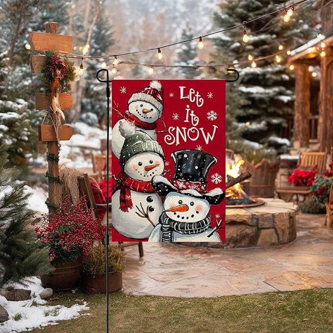 CROWNED BEAUTY Christmas Snowman Garden Flag 12x18 Inch Double Sided Red Xmas Let It Snow Decoration for Outside Yard CF1898-12