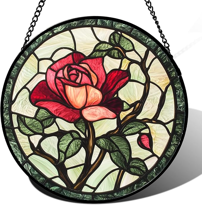 AMDERVEN Stained Glass Window Hanging, Red Rose Flowers Sun Catcher for Door Garden Home Decor Suncatcher Christmas Mother's Day Birthday Gifts for Women Lovers Men Wife Girlfriend Mom Nana 7.8 in